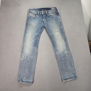 Diesel Zathan Jeans Mens 29x30 Blue Bootcut Low Rise Distressed Stains 0071J